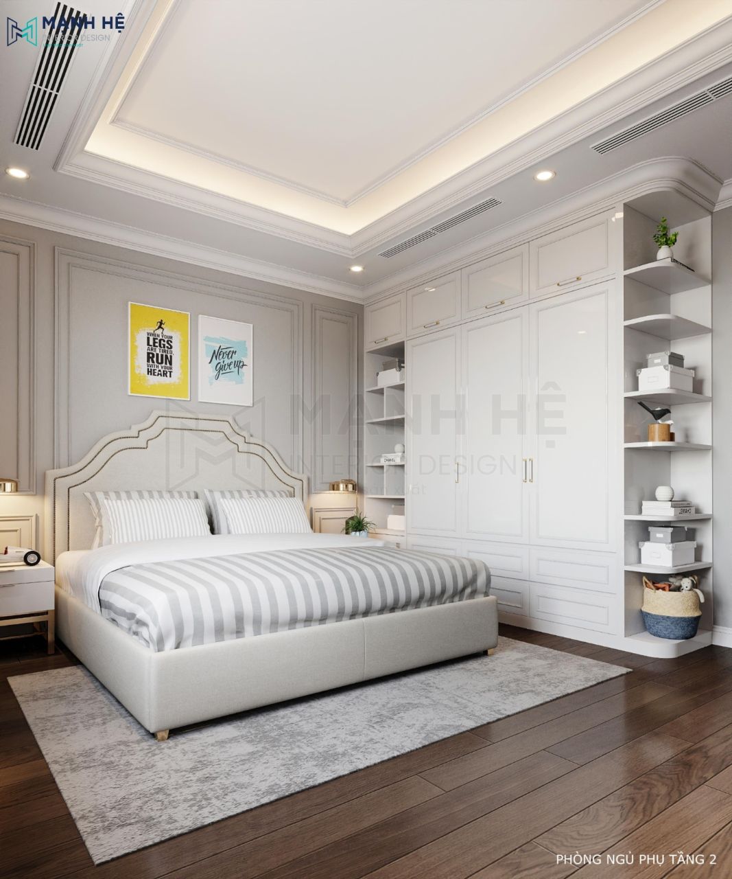 Bố trí bàn trang điểm và tab đầu giường tiện lợi, phù hợp với diện tích không gian