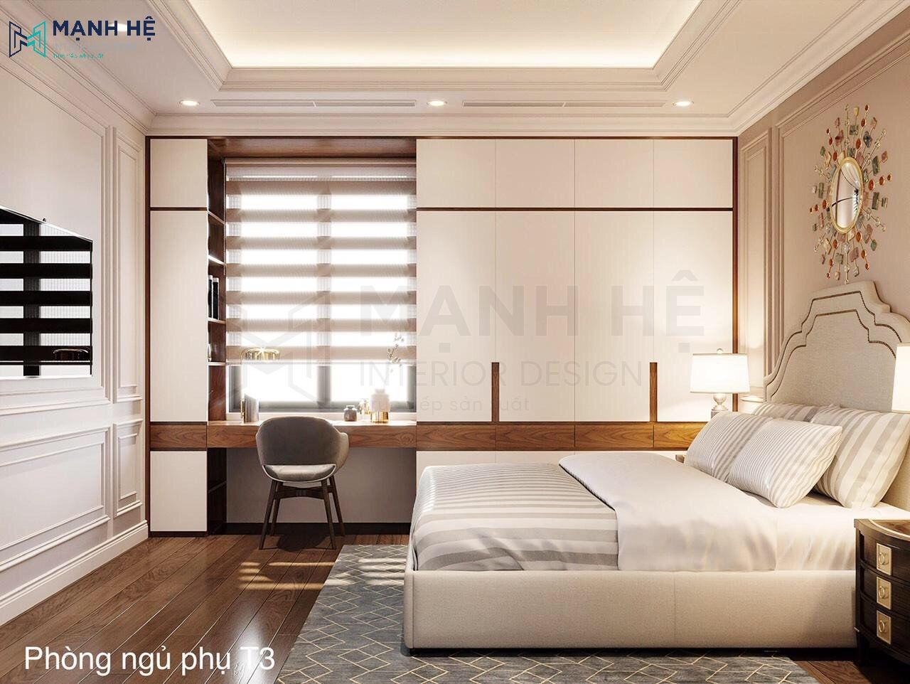 Thiết kế tủ trang trí kết hợp bàn làm việc cùng tủ quần áo cao đụng trần thông minh