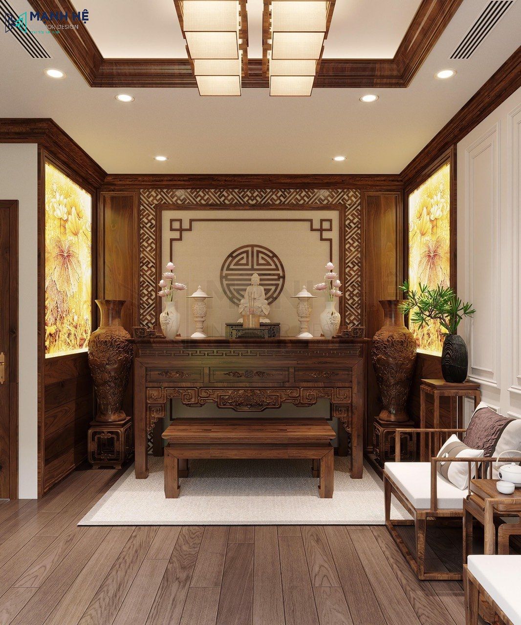Không gian phòng thờ trang nghiêm với nội thất gỗ tự nhiên tinh tế