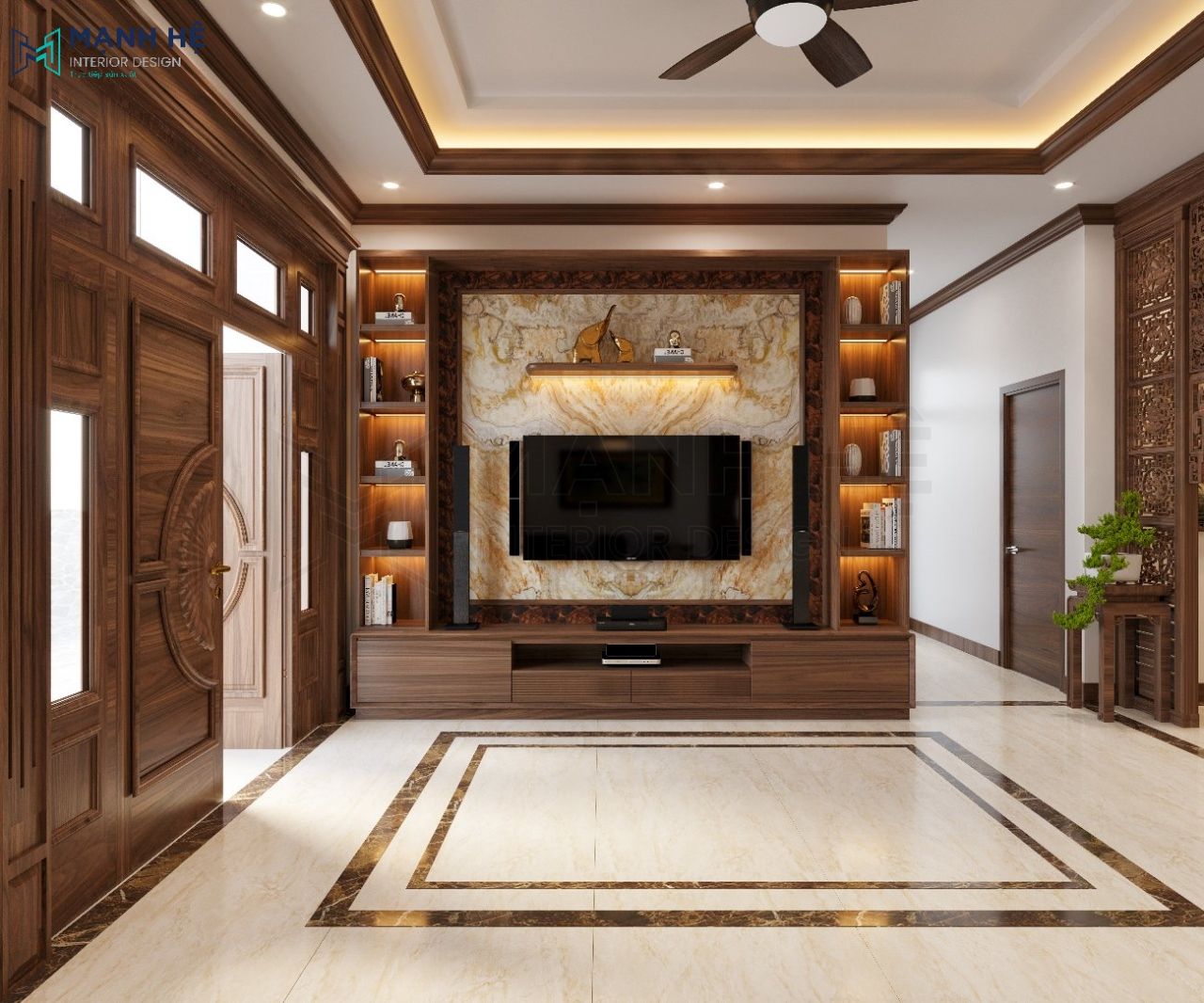 Kệ tivi kết hợp kệ trang trí với thiết kế đơn giản được là từ gỗ cao cấp