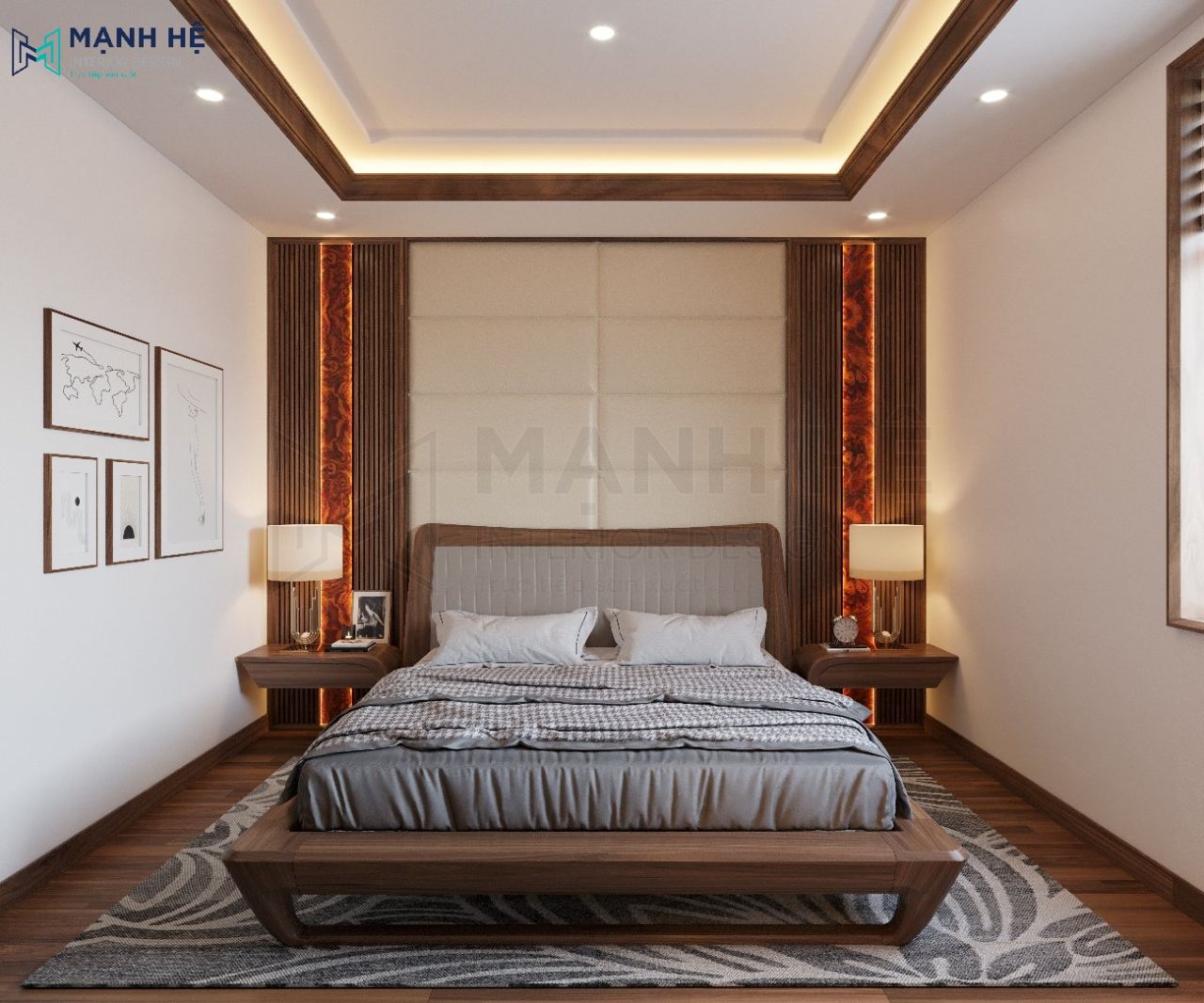 Thiết kế giường ngủ biệt thự với gam màu xám, ghi sang chảnh, quyền quý