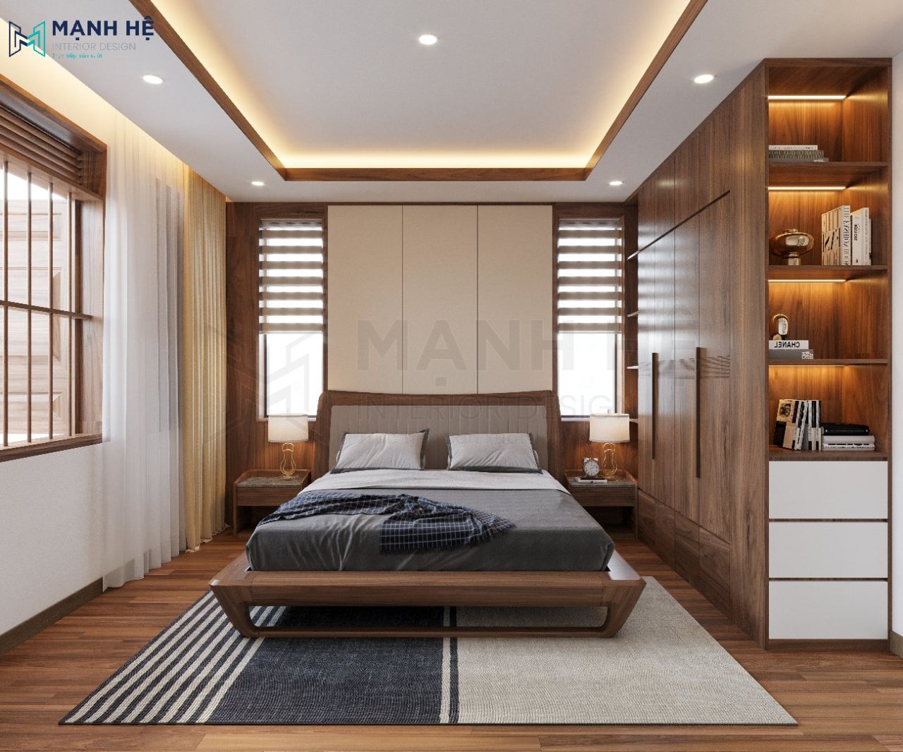 Tủ trang trí bố trí cạnh cửa sổ lớn bằng chất liệu gỗ tự nhiên
