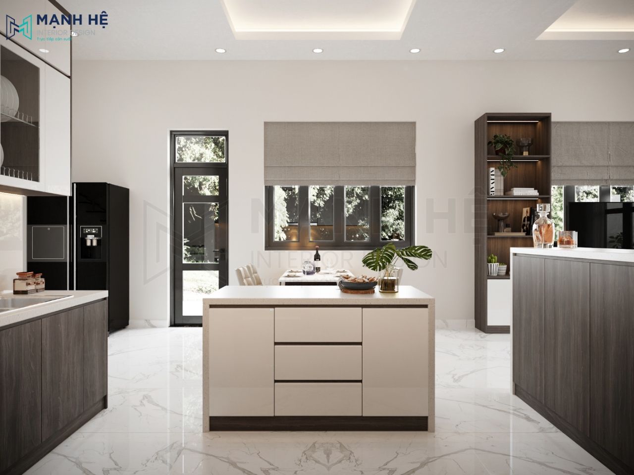 Mẫu bàn đảo bếp hình chữ nhật có tone màu nhẹ nhàng hài hòa với tổng thể không gian