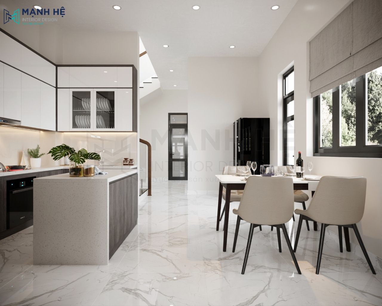 Tủ bếp với phần cánh bằng chất liệu gỗ công nghiệp phủ acrylic sáng bóng