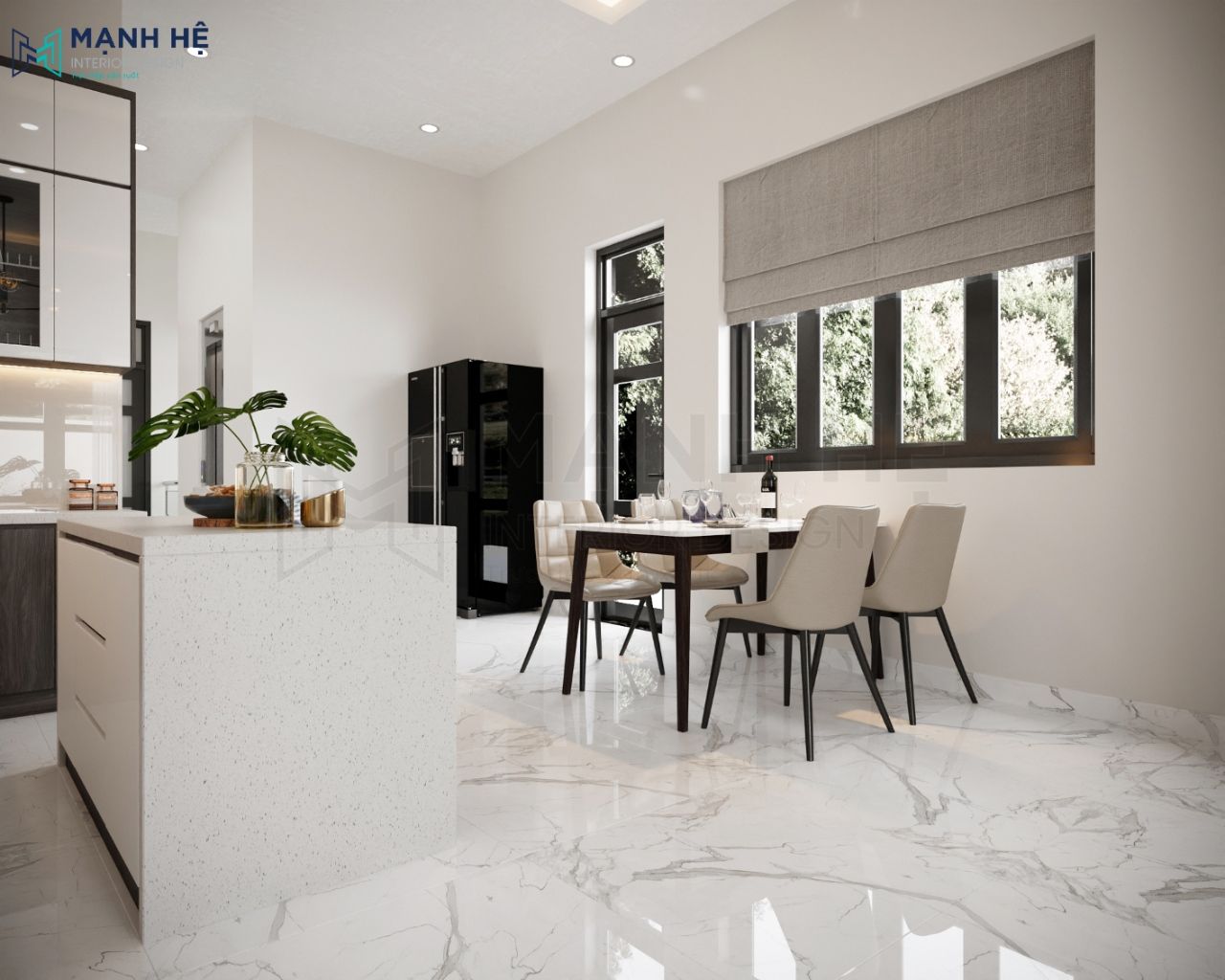 Bộ bàn ăn 4 người được thiết kế theo phong cách tối giản, hiện đại