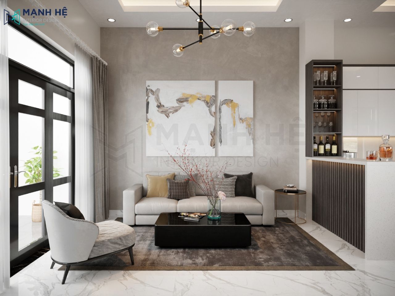 Bộ sofa chữ i ngắn với gam màu ấm áp, sang trọng