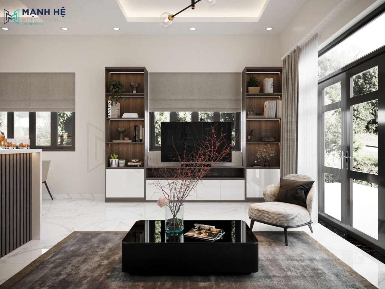Tủ trang trí liền kệ tivi với chất liệu bằng gỗ công nghiệp hiện đại