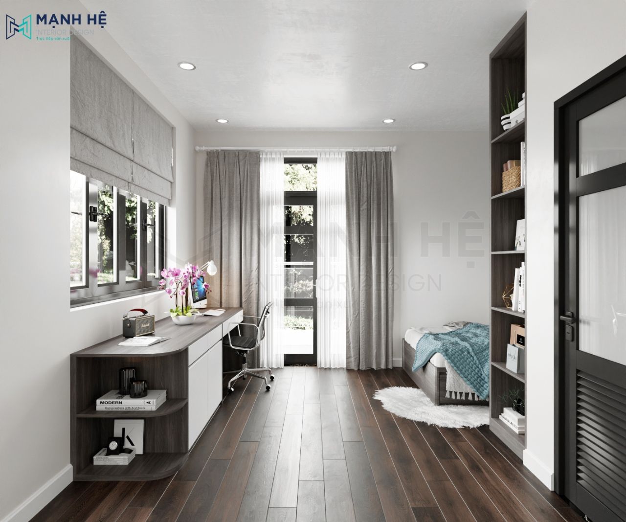 Thiết kế rèm cửa roman, rèm cửa 2 lớp với tone màu ghi sang trọng, lịch lãm