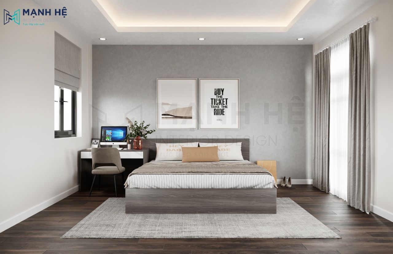 Dán tường giả xi măng kết hợp trang trí các bức tranh tạo điểm nhấn cho căn phòng