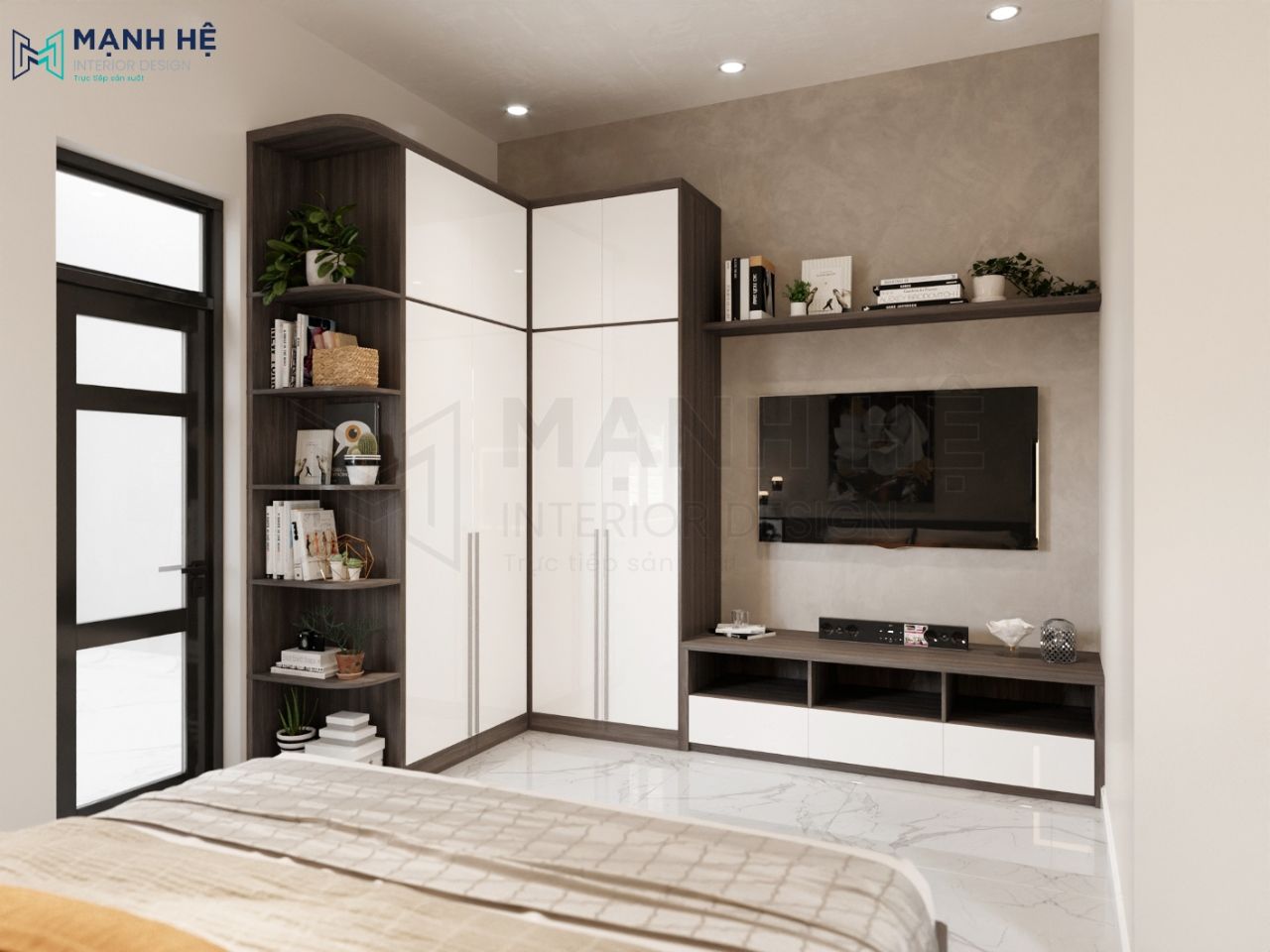 Tủ quần áo tích hợp kệ trang trí với thiết kế dạng chữ L cực tiện lợi