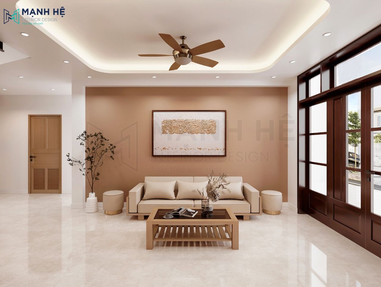 Bố trí bộ bàn ghế sofa nhỏ màu nâu kem cho không gian phòng khách thêm tiện nghi