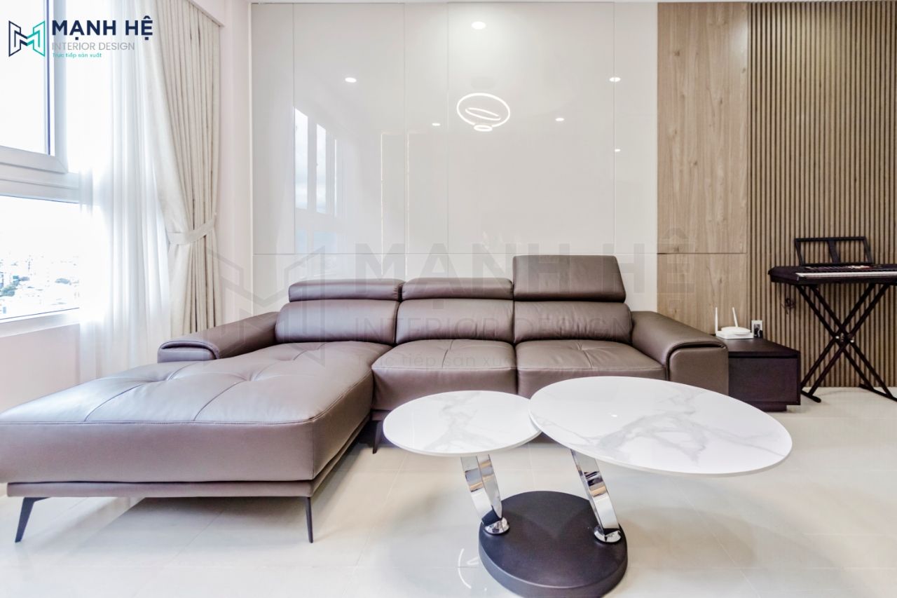 Bộ sofa dạng chữ L được bọc da cao cấp với gam màu nhã nhặn
