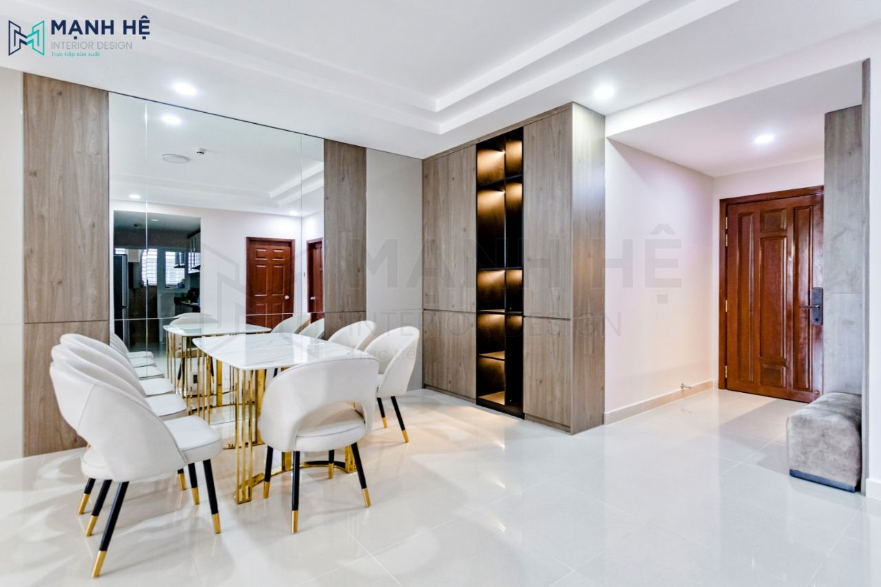 Tủ trang trí bằng gỗ công nghiệp phủ melamine cao kịch trần đẹp mắt