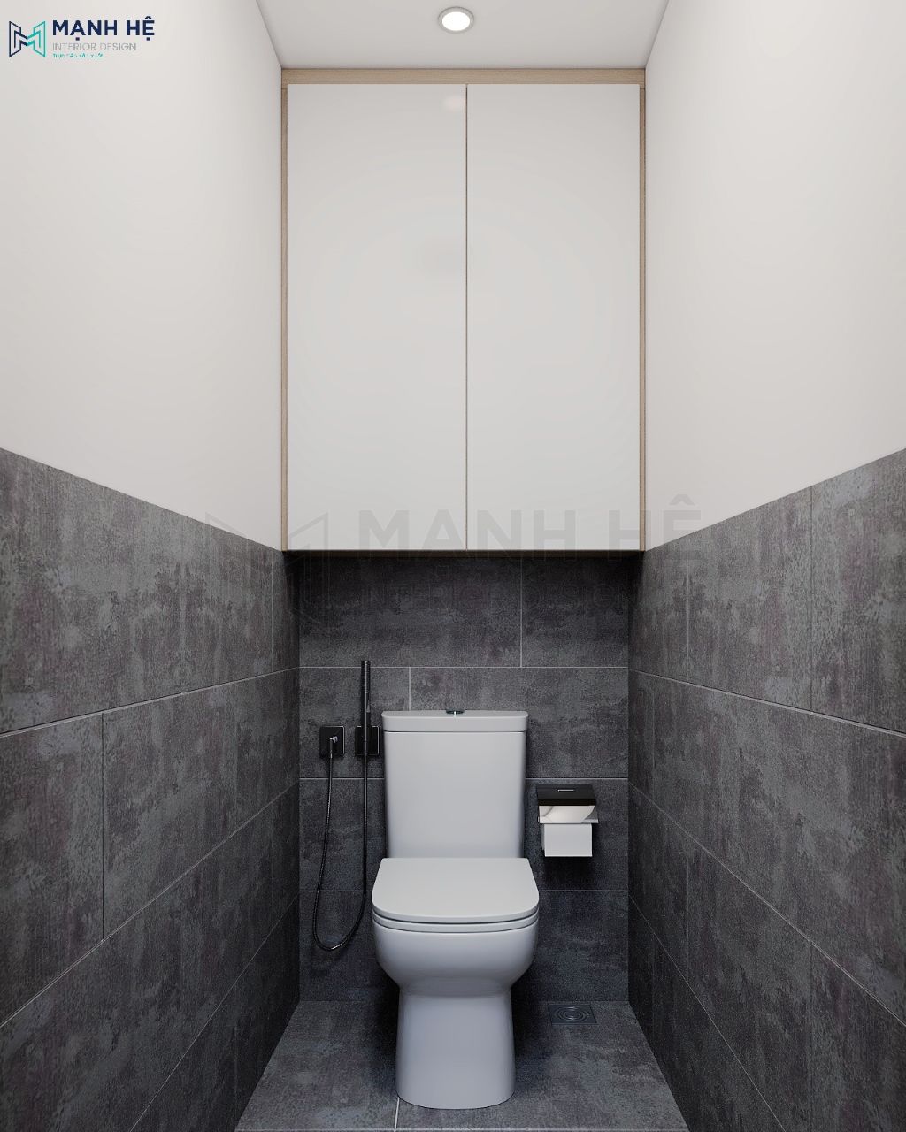 Gạch ốp toilet với màu xám sạch sẽ, sang trọng