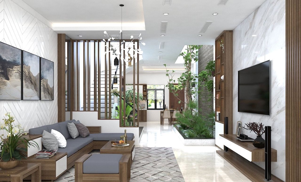 Lam gỗ dọc ngăn cách cầu thang và phòng khách đẹp và sang trọng