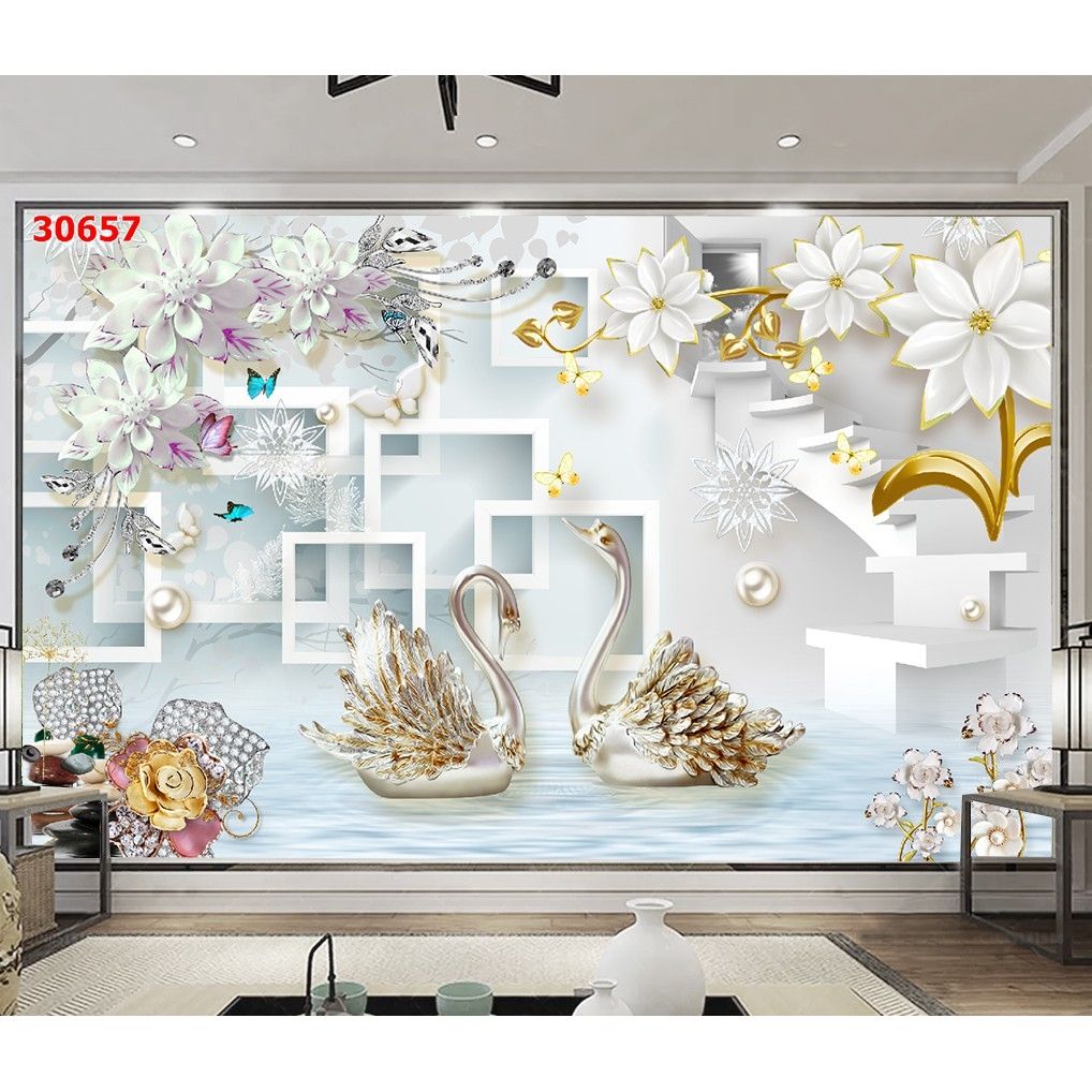 Phong khách trang trí tranh dán tường 3d họa tiết thiên nga lãng mạn