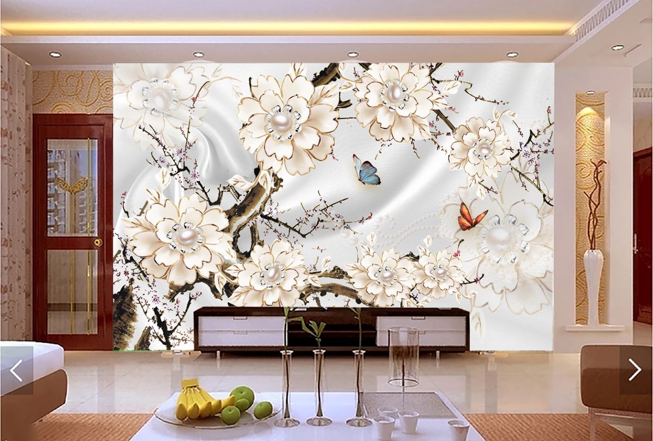 Họa tiết cành hoa kết hợp ong bướm luôn là chủ đề chủ đạo cho tranh dán tường 3D phòng khách