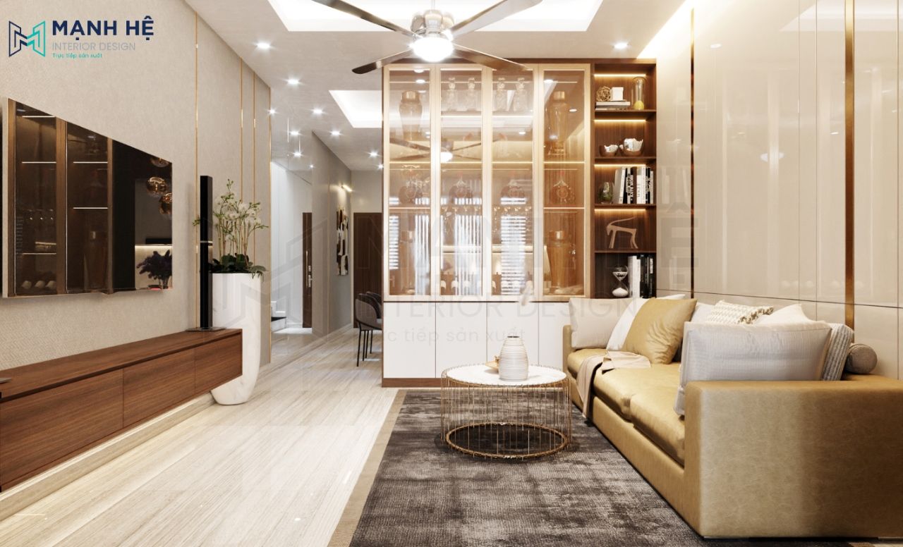 Tủ rượu kết hợp kệ trang trí cao đụng trần cánh kính sang trọng