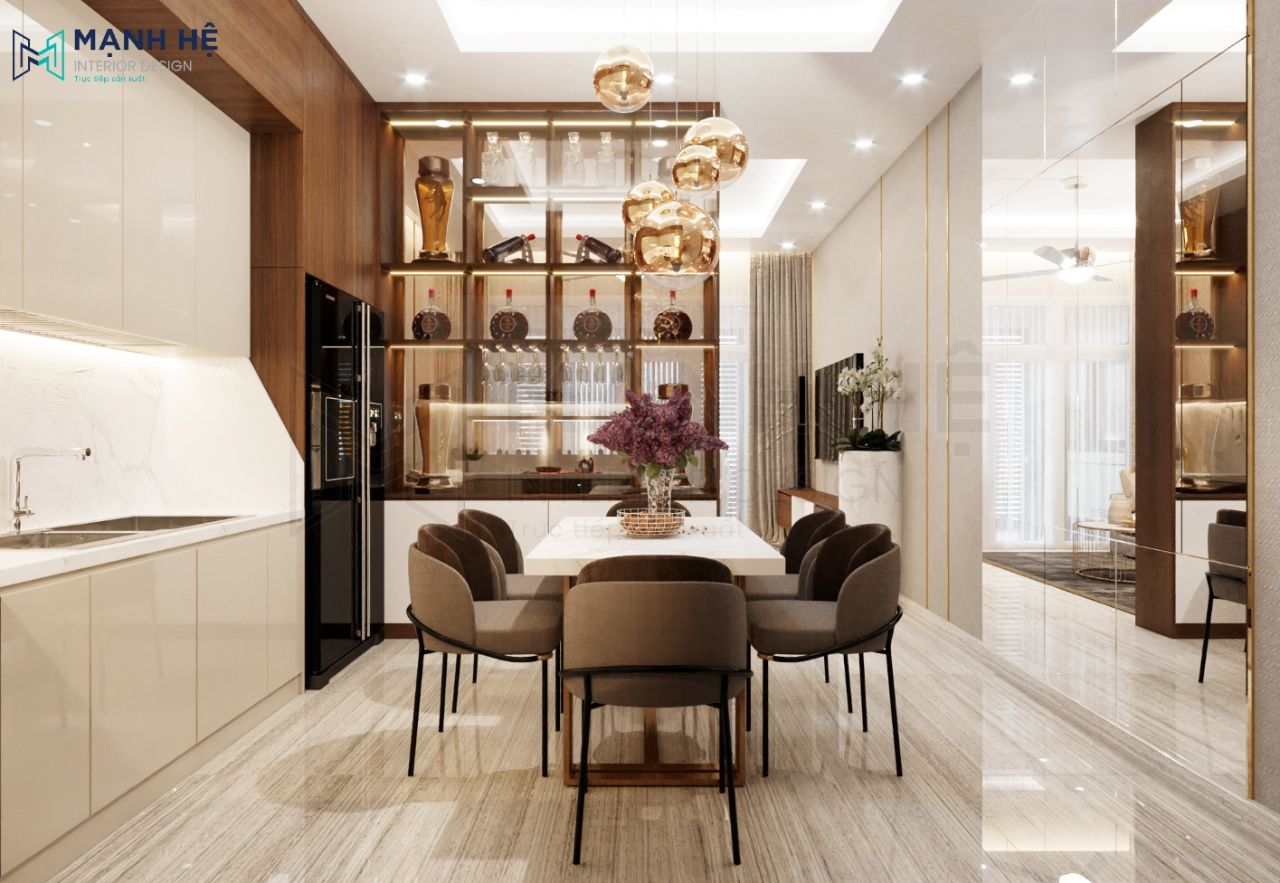 Bố trí bộ bàn ăn 5 người giữa không gian phòng bếp