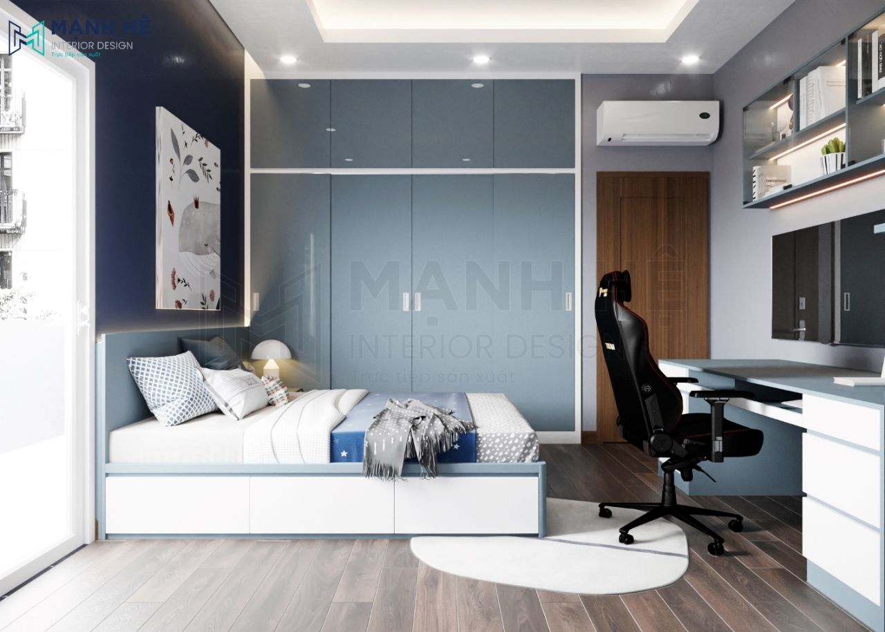 Phòng ngủ con trai với gam màu xanh chủ đạo