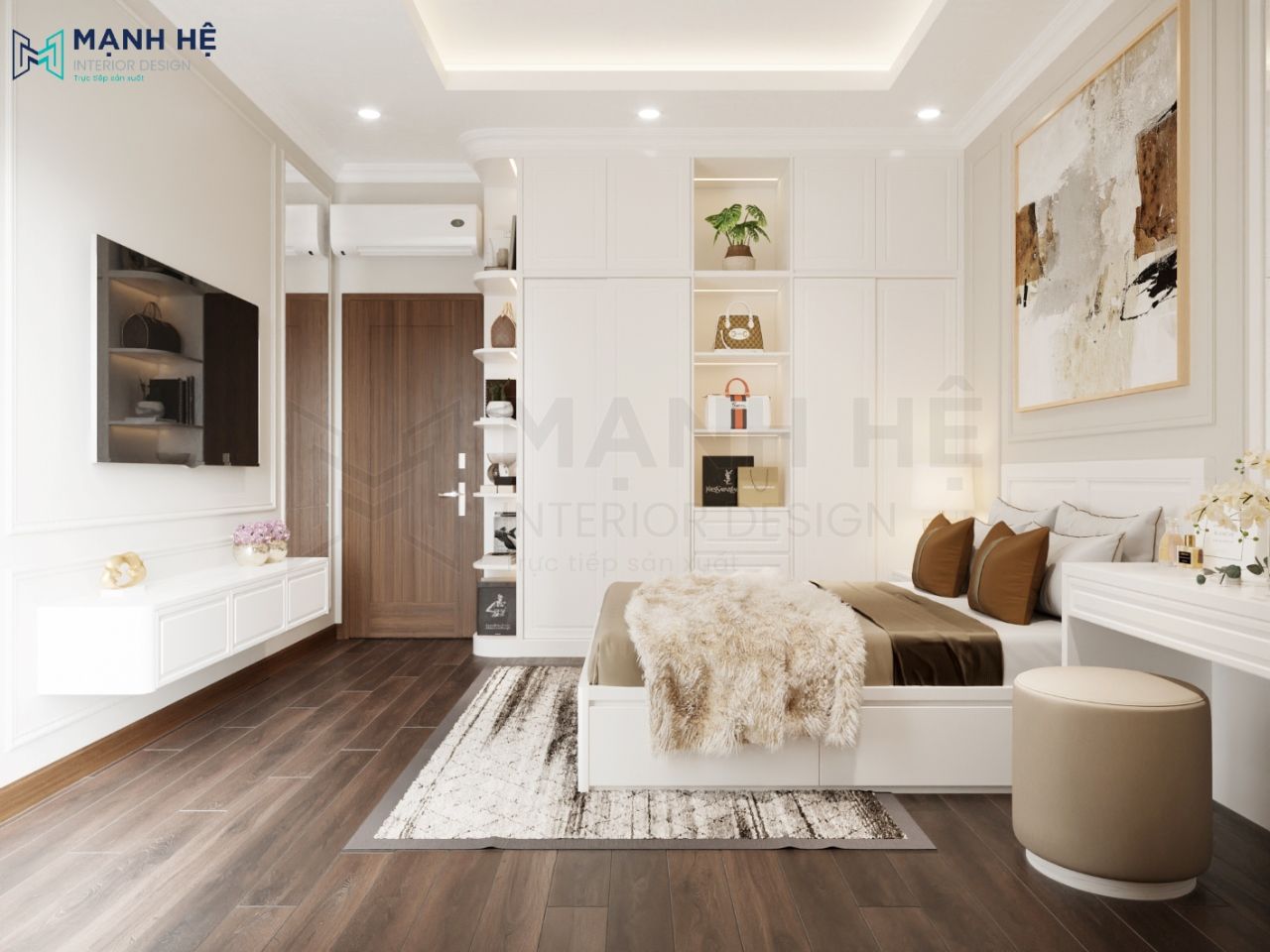 Hệ tủ quần áo cao đụng trần kết hợp kệ trang trí