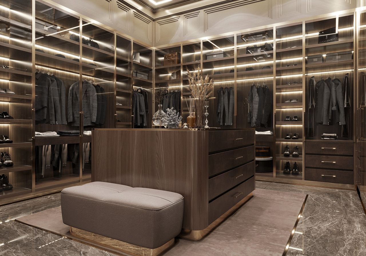 Hệ tủ áo cánh kính chữ L lớn với tủ đựng ddofod trang sức ở giữa kết hợp ghế ngồi thay đồ