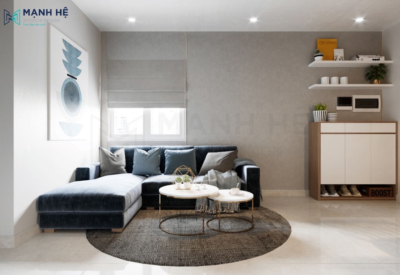 Ghế sofa chữ L kết hợp bàn trà và thảm lót