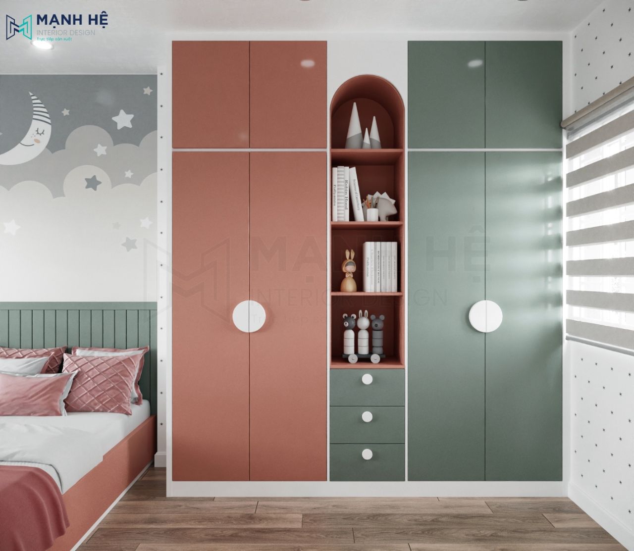 Tủ quần áo tích hợp kệ trang trí ở giữa