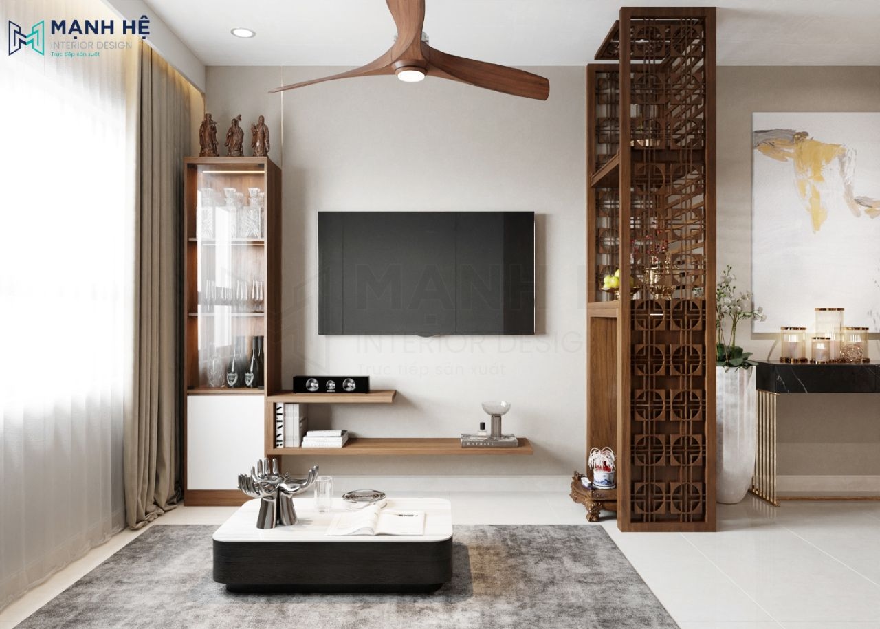 Bố trí kệ và tủ từ gỗ gọn gàng, hợp lý