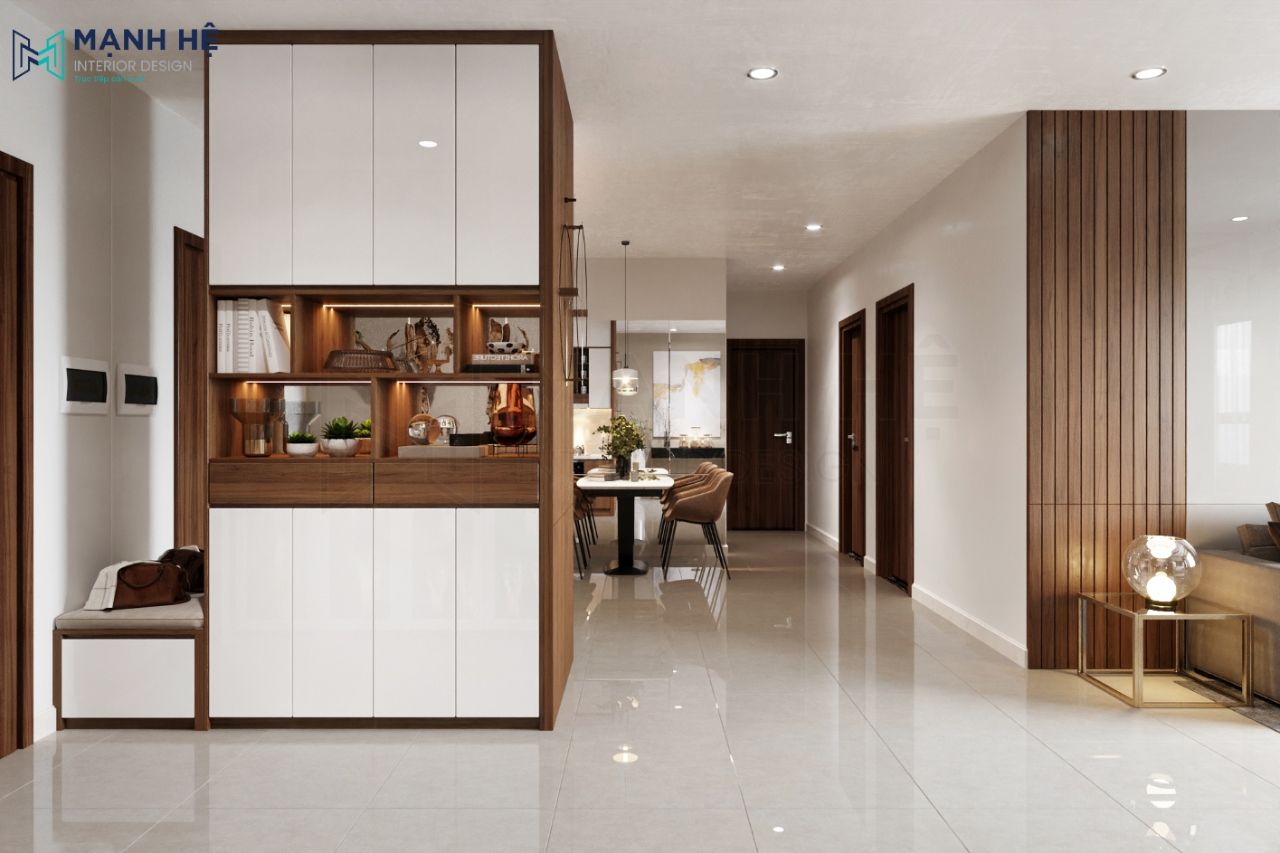Thiết kế tủ giày kết hợp tủ trang trí hiện đại và tiện nghi