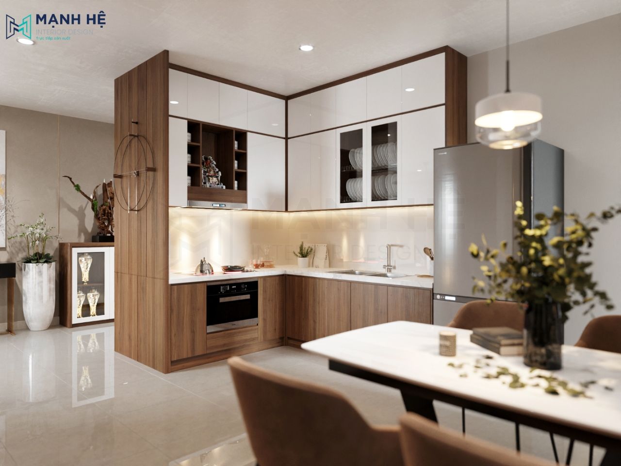 Tủ thờ nhỏ được thiết kế ở phần tủ bếp trên tạo sự thuận tiện nhất cho gia chủ