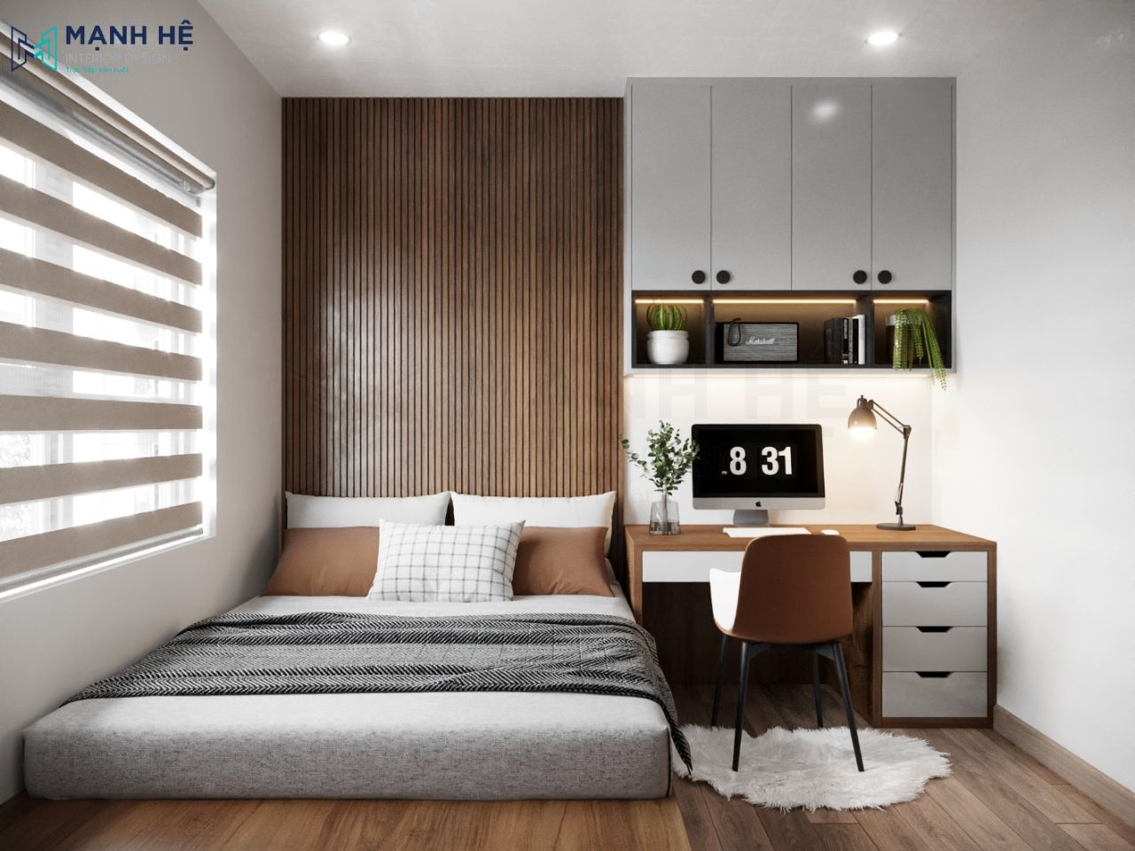 Thiết kế bàn làm việc và tủ trang trí bằng gỗ vừa vặn, nhã nhặn