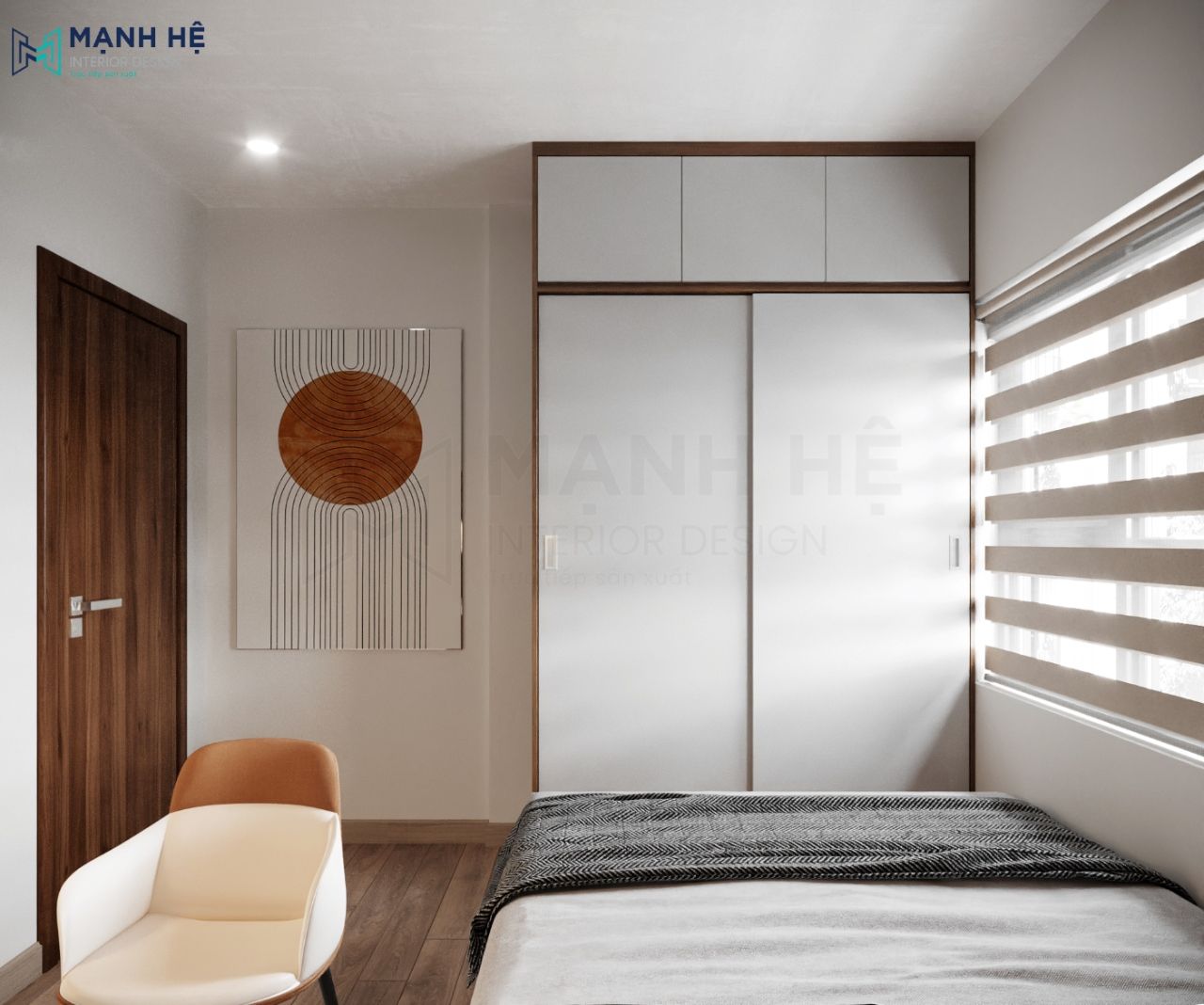 Tủ quần áo gỗ cao chạm trần hiện đại với bề mặt màu trắng phủ acrylic
