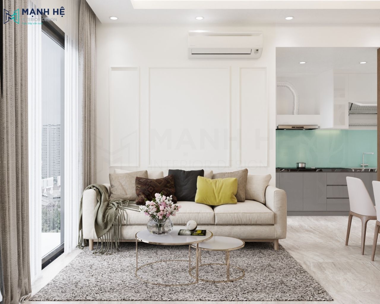 Thiết kế nội thất phòng khách gam màu kem nhẹ nhàng
