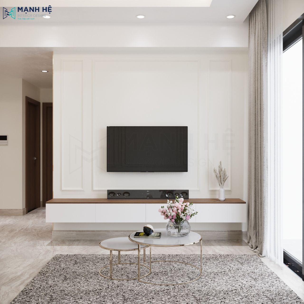 Nội thất màu trắng đơn giản được bố trí hợp lý, gọn gàng