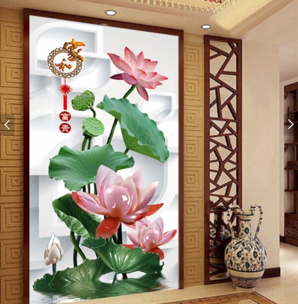 Tranh dán tường 5D phòng khách hình bông sen truyền thống
