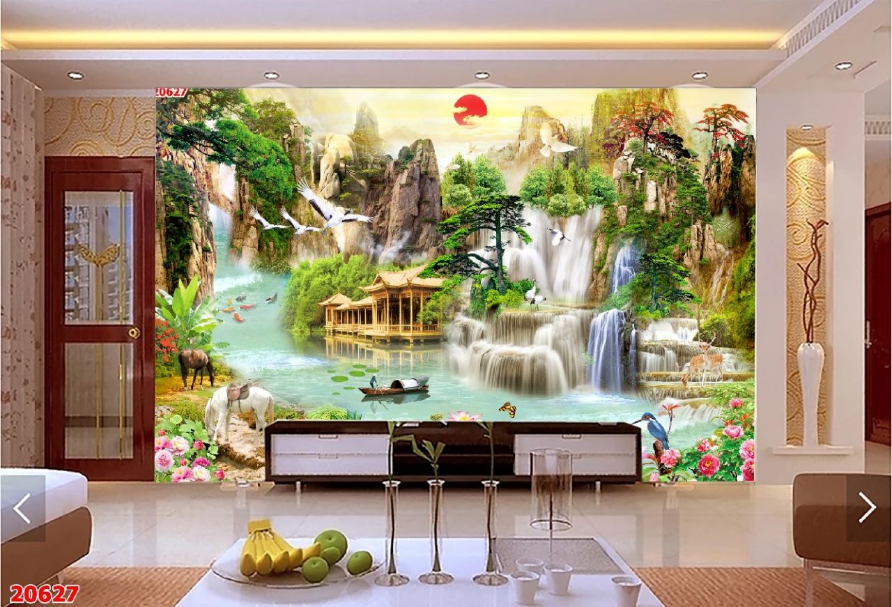 Mẫu 3: Tranh dán tường 5D phòng khách hình phong cảnh hữu tình