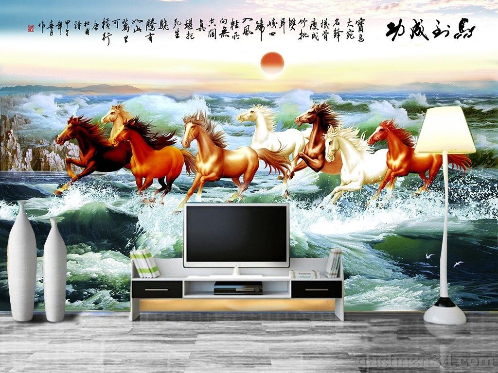Mẫu 6: Tranh dán tường 5D phòng khách hình đàn ngựa phi trong nước tạo cảm giác hừng hực, đầy sức sống