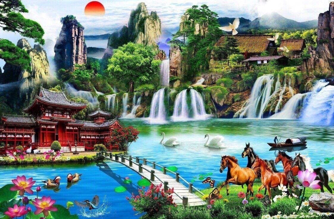 Mẫu 9: Tranh dán tường 5D phòng khách cảnh núi non hữu tình