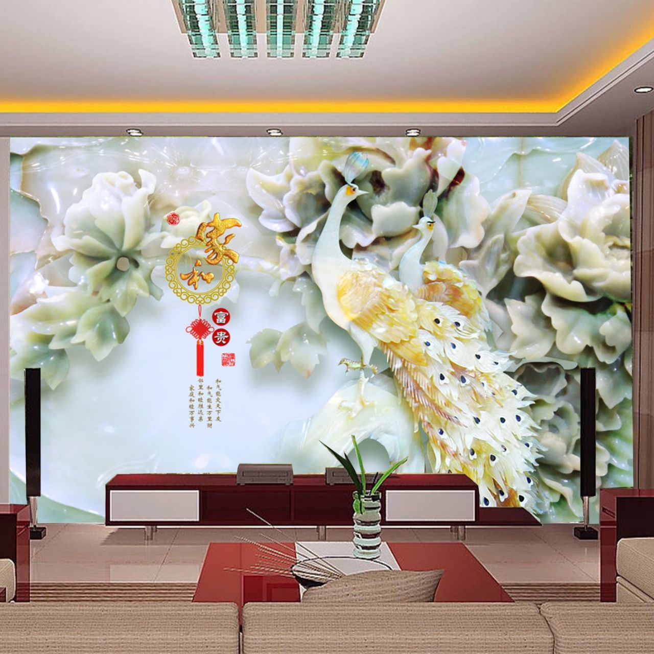 Mẫu 12: Tranh dán tường 5D phòng khách hình chim công