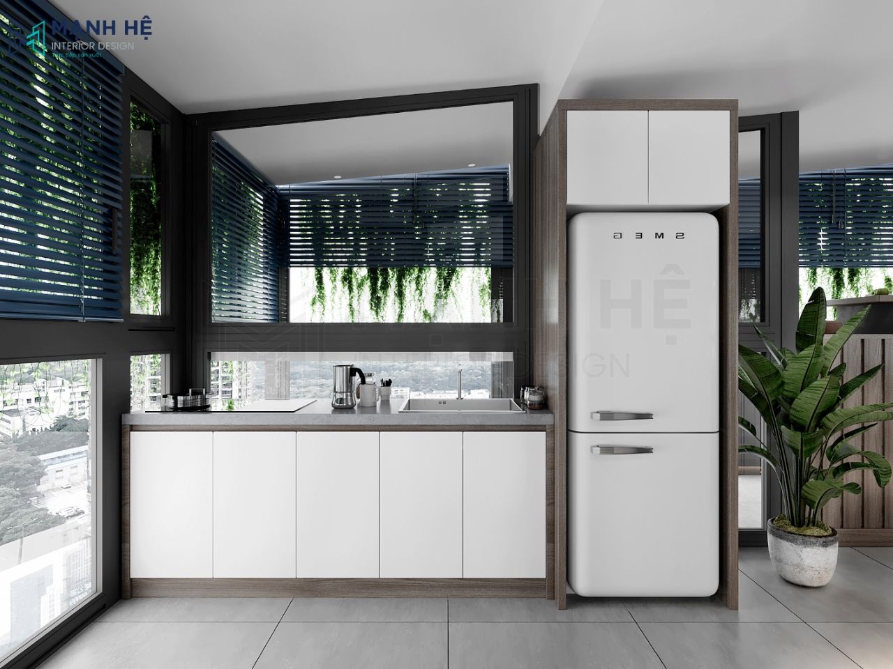 Hệ tủ bếp chữ I màu trắng nhã nhặn tích hợp tủ lạnh tiện nghi