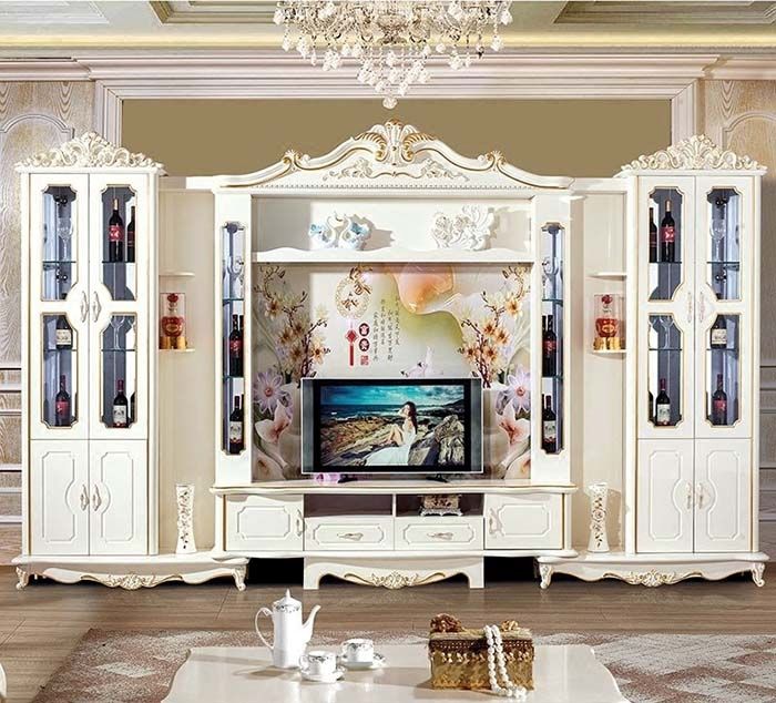Mẫu 5: Kệ tivi tích hợp tủ rượu và kệ trang trí phong cách tân cổ điển