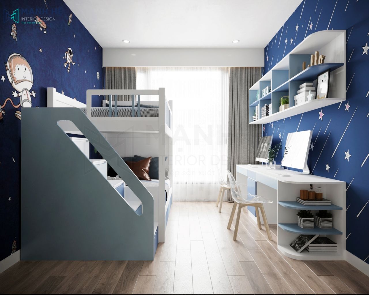 Phòng ngủ của bé được trang trí cho bé trai, trang trí đơn giản nhưng vẫn có điểm nhấn