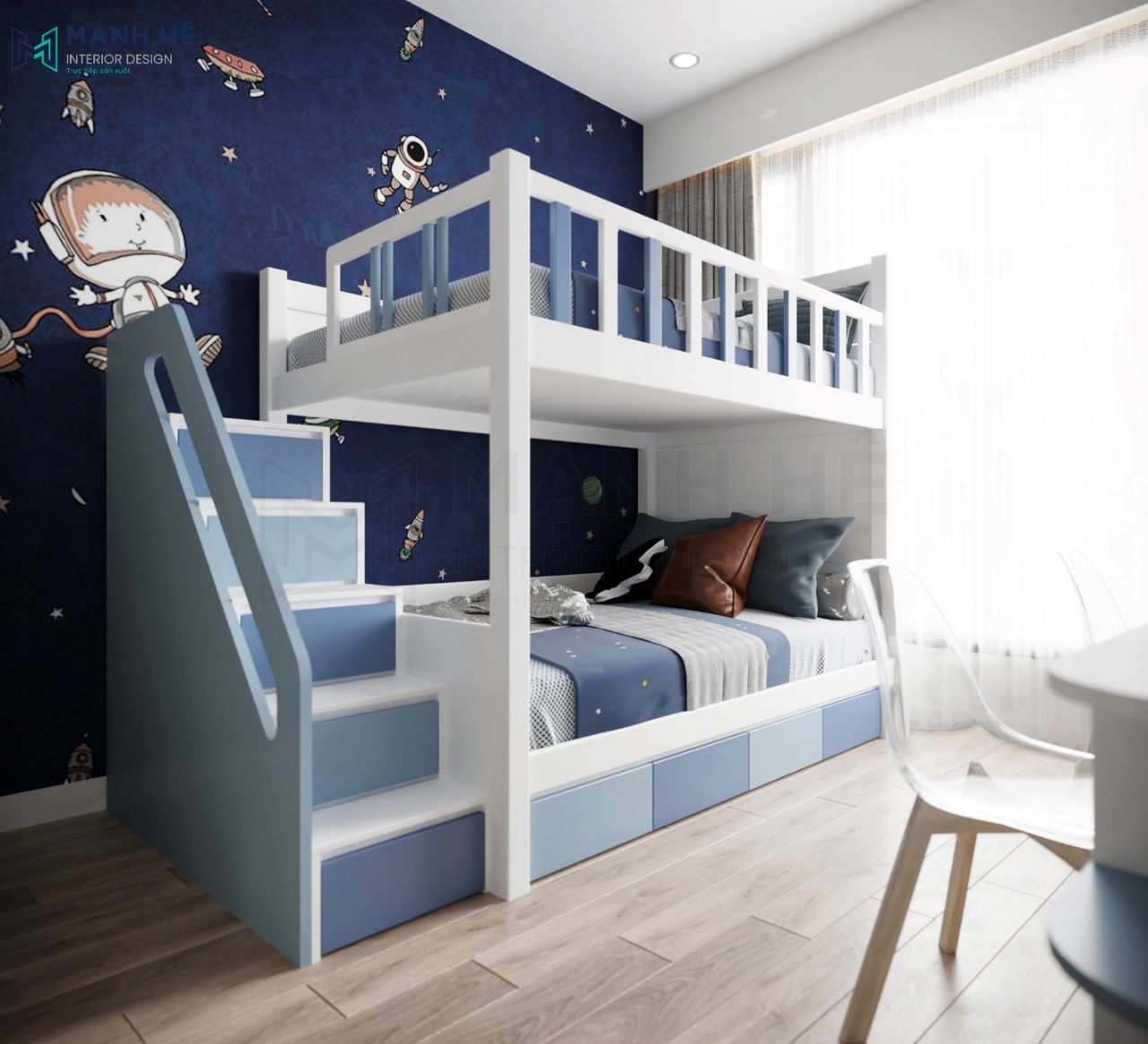 Phòng ngủ tone xanh dương mạnh mẽ và tràn đầy năng lượng