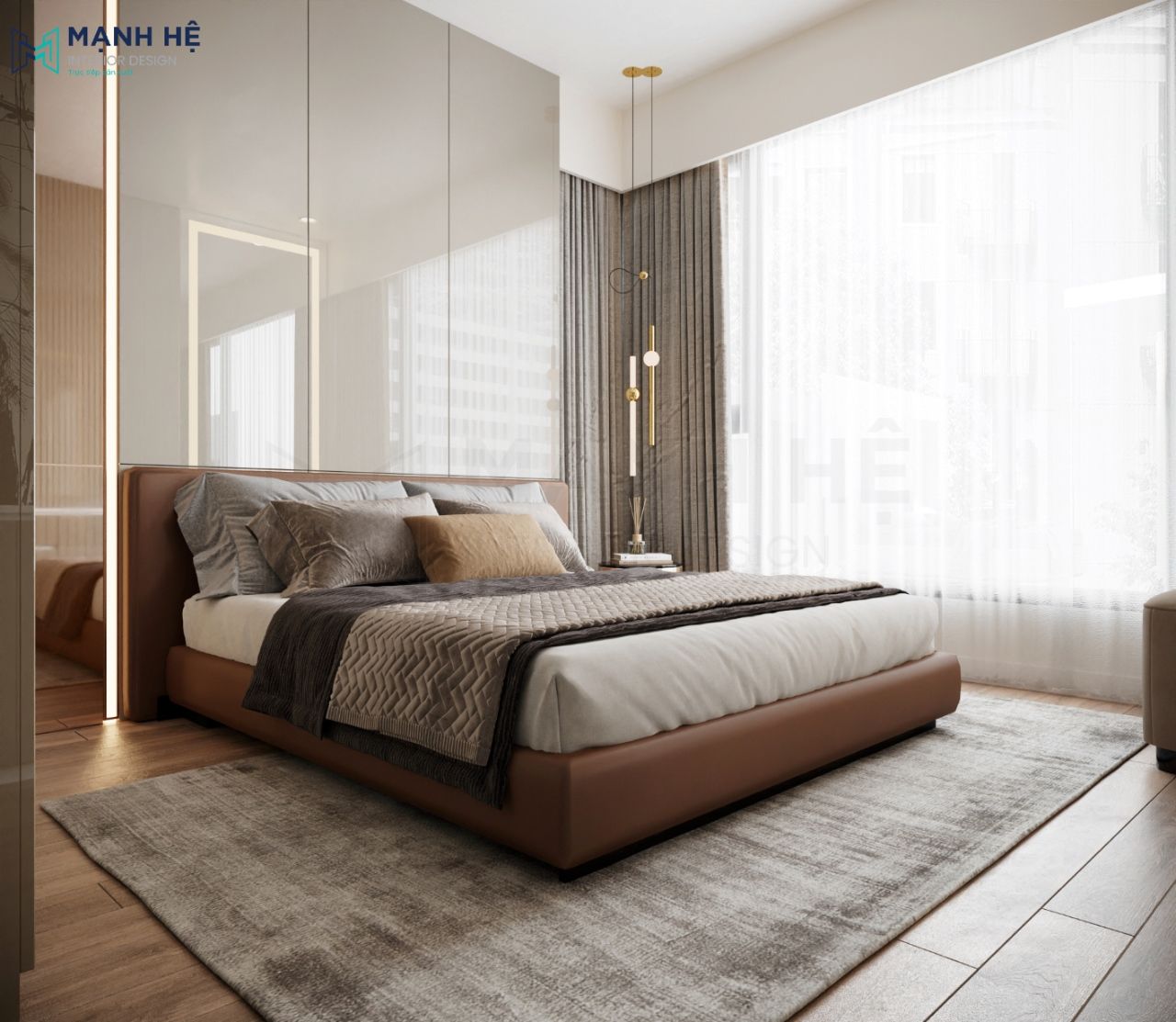 Giường lớn với gam màu nâu lạ và trẻ trung