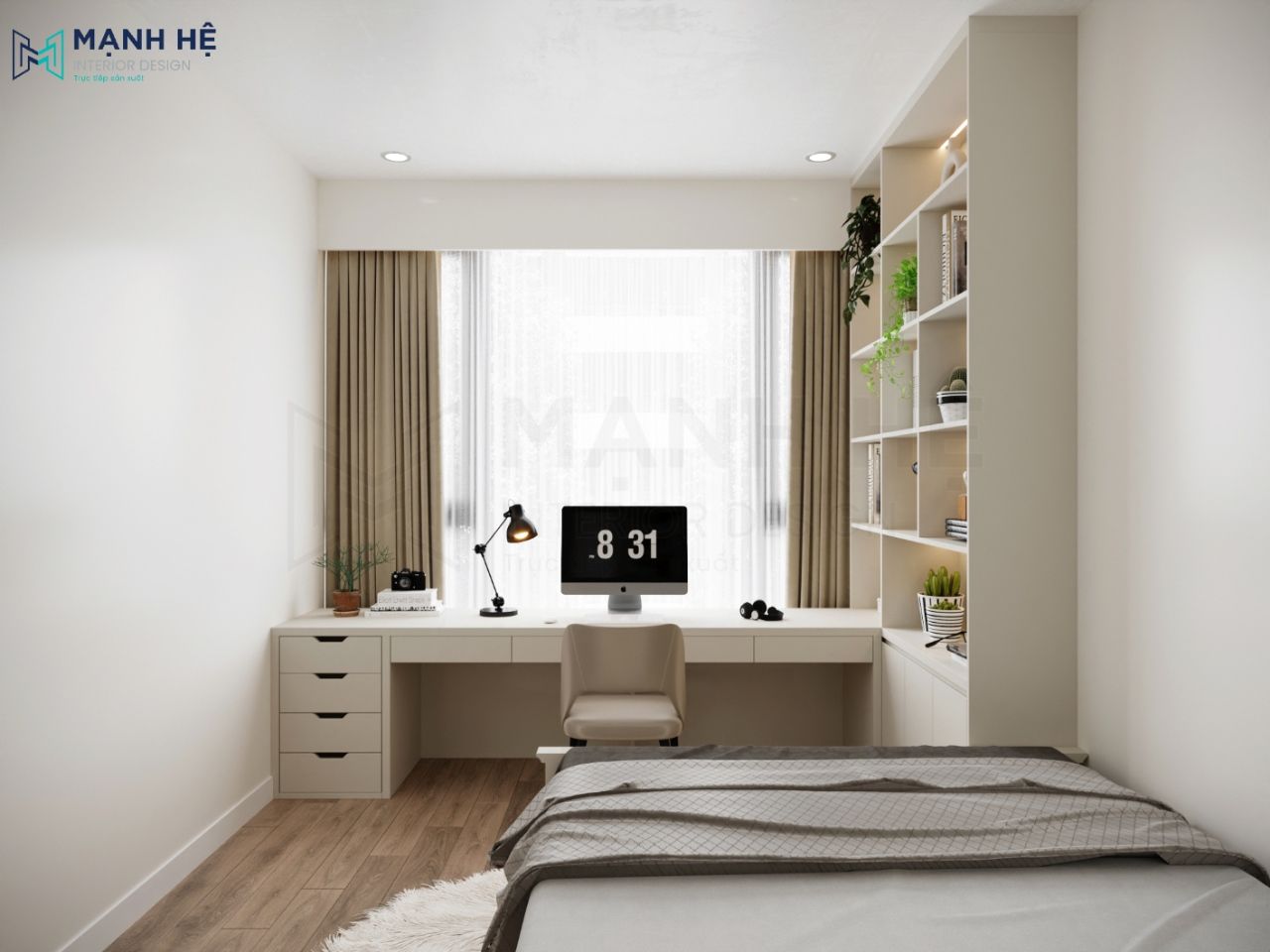 Bàn làm việc thiết kế trẻ trung dài ngang phòng