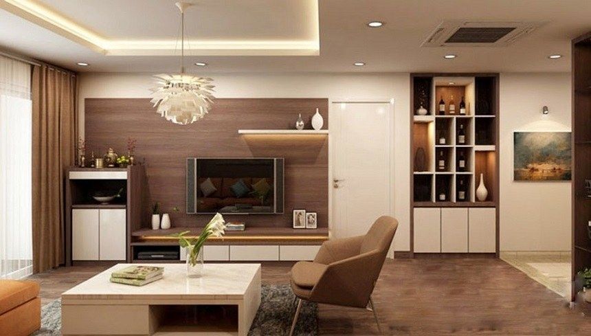 Mẫu 5: Kệ tivi kết hợp bàn thờ treo và tủ thờ nhỏ ở dưới