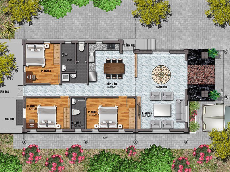 Bản vẽ nhà cấp 4 mái thái 3 phòng ngủ có sân lớn