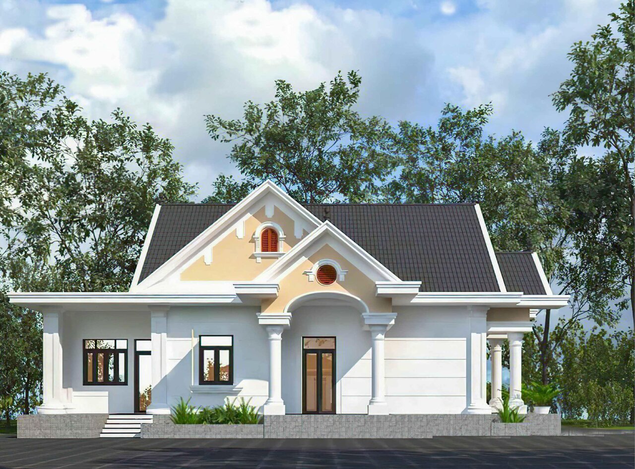 Thiết kế nhà cấp 4 mái thái 3 phòng ngủ hiện đại màu trắng