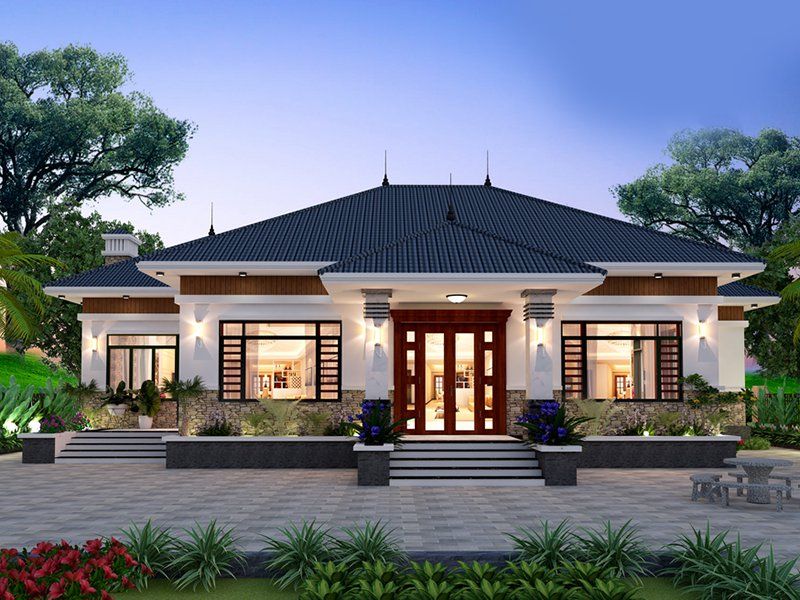 Mẫu nhà cấp 4 mái thái 3 phòng ngủ giả biệt thự có sân vườn